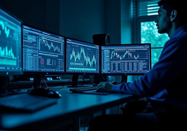 Complex trading algorithm code visualization on multiple monitors