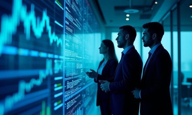 Team of analysts collaborating in a modern financial dashboard environment