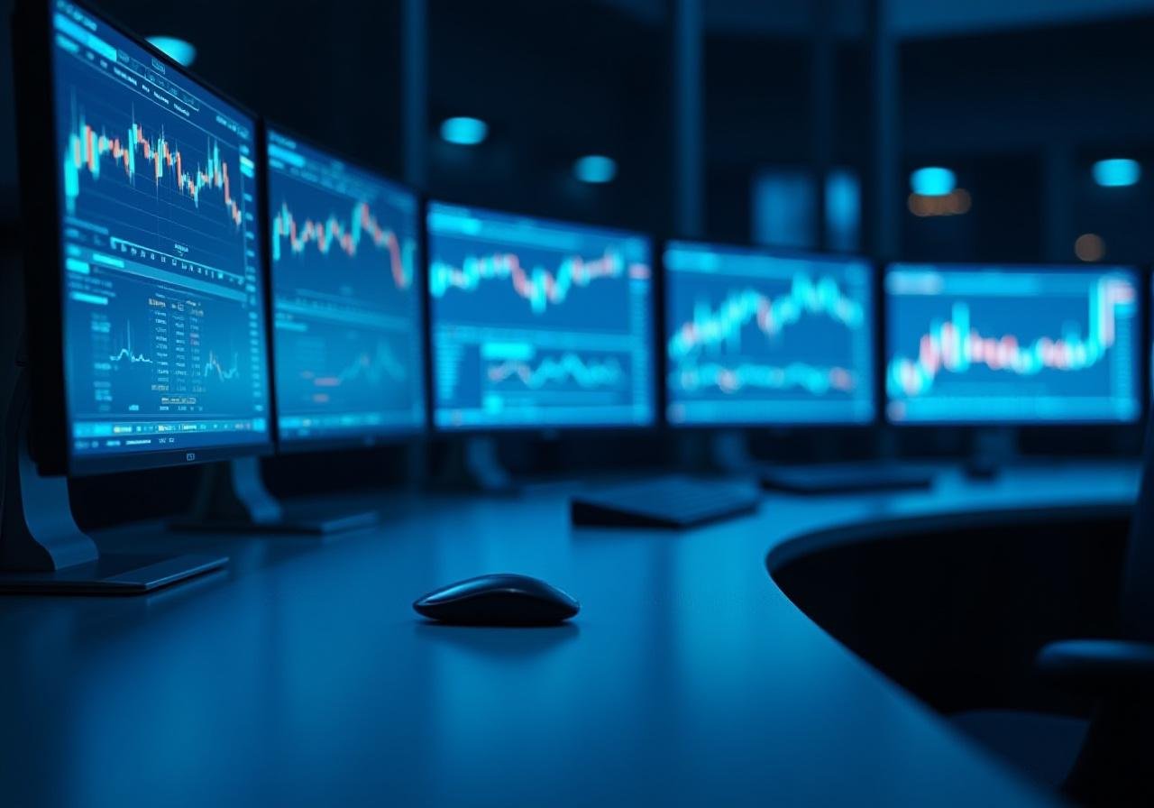 Sophisticated data dashboard showing real-time market fluctuations and financial charts