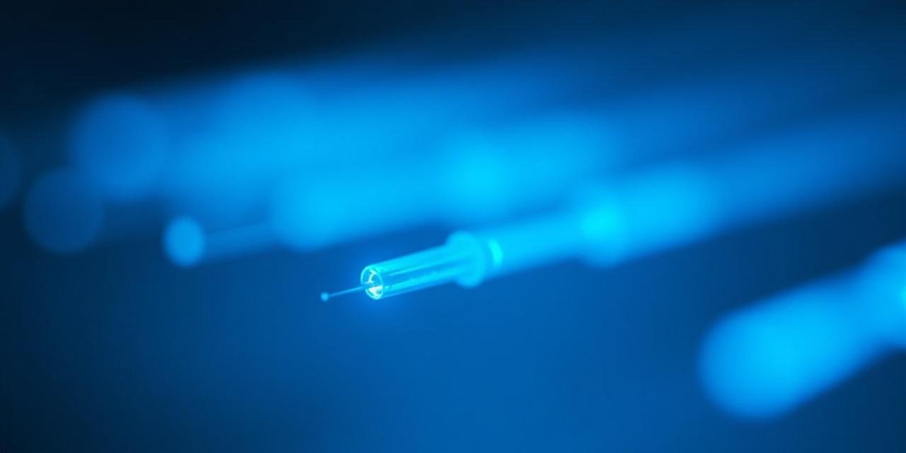 Close-up of high-speed fiber optic cables glowing with blue light representing secure data transmission